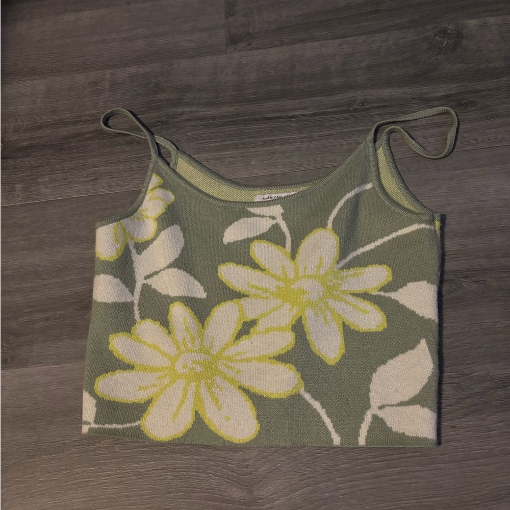 American Eagle Outfitters Green and Yellow Fitted Crop Camisole